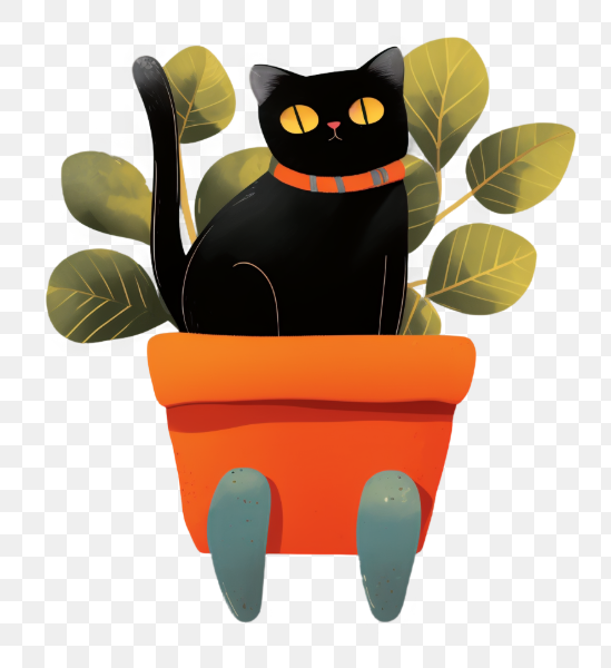 Black Cat in Pot with Leaves