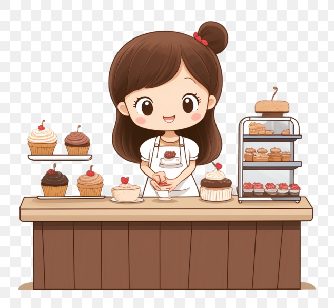 Cartoon Baker Girl in Cafe