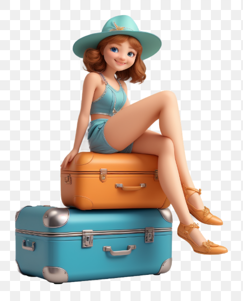 Girl Sitting on Suitcases Ready for Travel