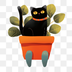 Black Cat in Pot with Leaves – Transparent PNG Image