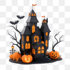 Spooky Haunted House with Pumpkins – Transparent PNG Image