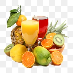 Vibrant Fruit Juices and Fresh Produce – Transparent PNG Image